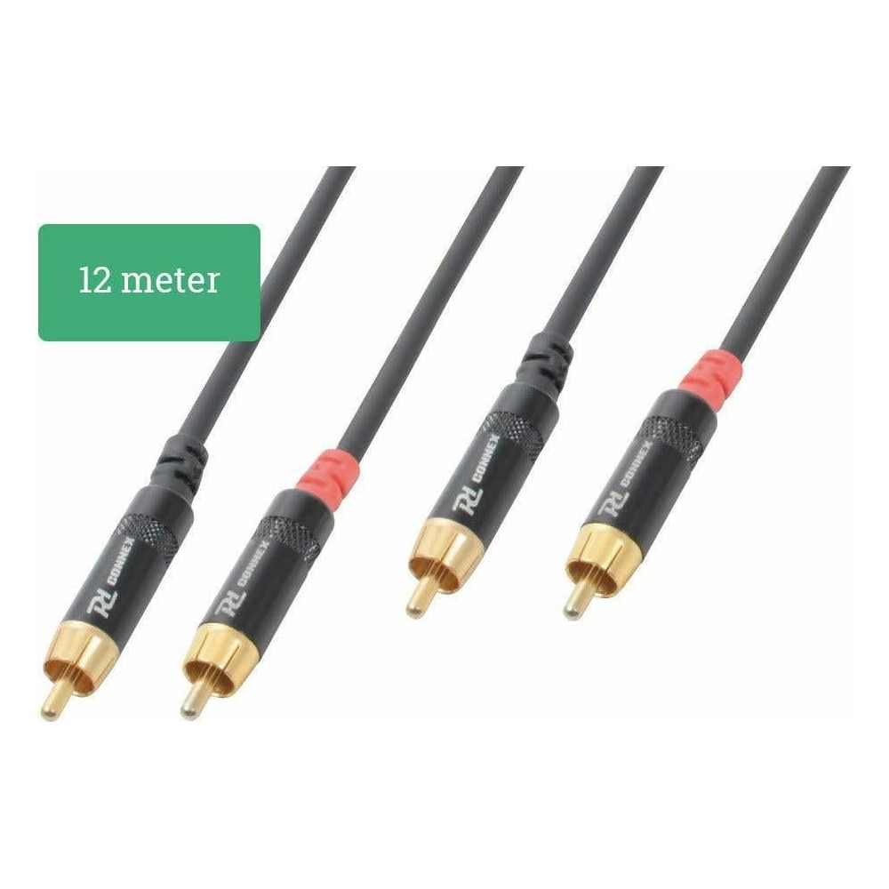 Tres cables de audio de 12 metros con conectores RCA dorados y cables negros.