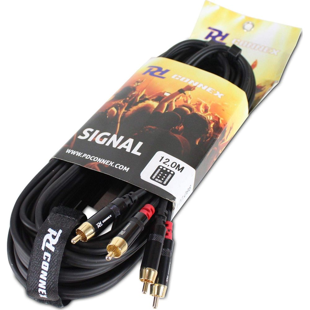 Cable de audio negro con conectores RCA, 12 m de largo, empaquetado.