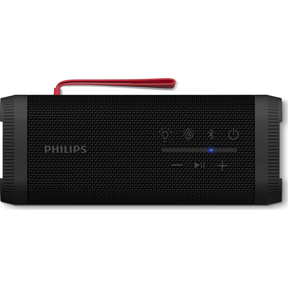 Schwarzer Philips Bluetooth-Lautsprecher mit rotem Trageriemen und Bedienelementen.