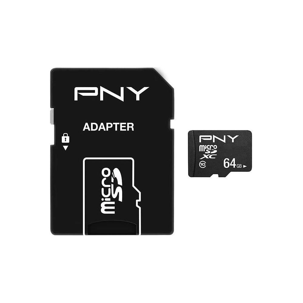 PNY Adapter und eine 64GB MicroSD-Karte mit PNY Logo.