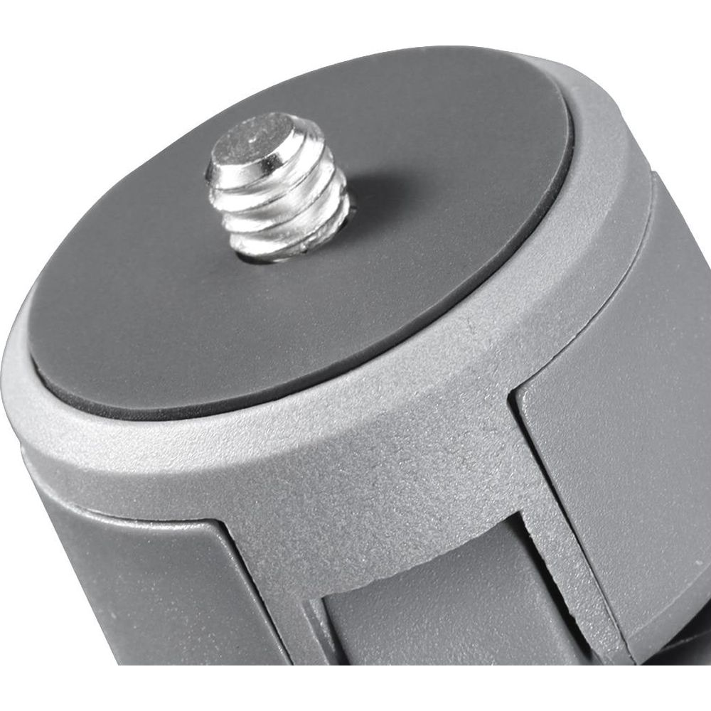 Zbliżenie szarej głowicy statywu z srebrną śrubą z gwintem.