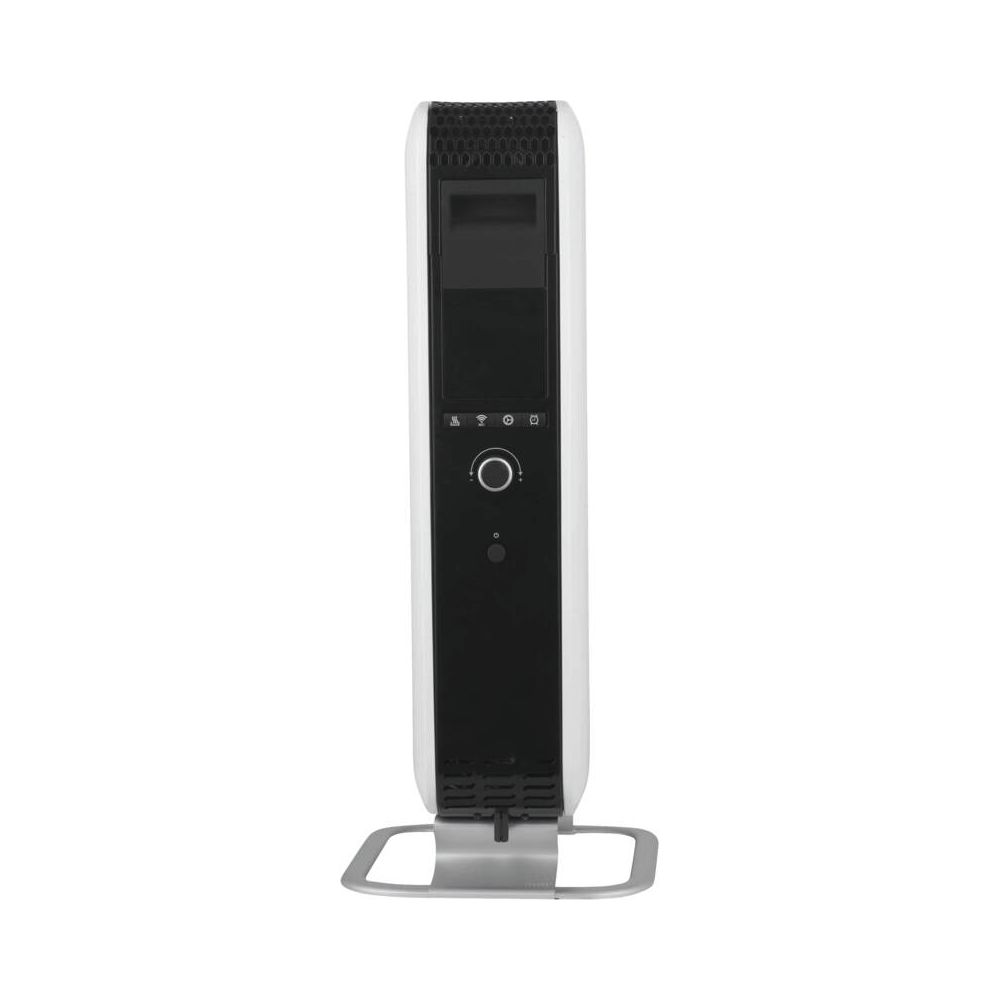 Een verticale verwarming met zwart voorpaneel en witte behuizing op een zilveren standaard.