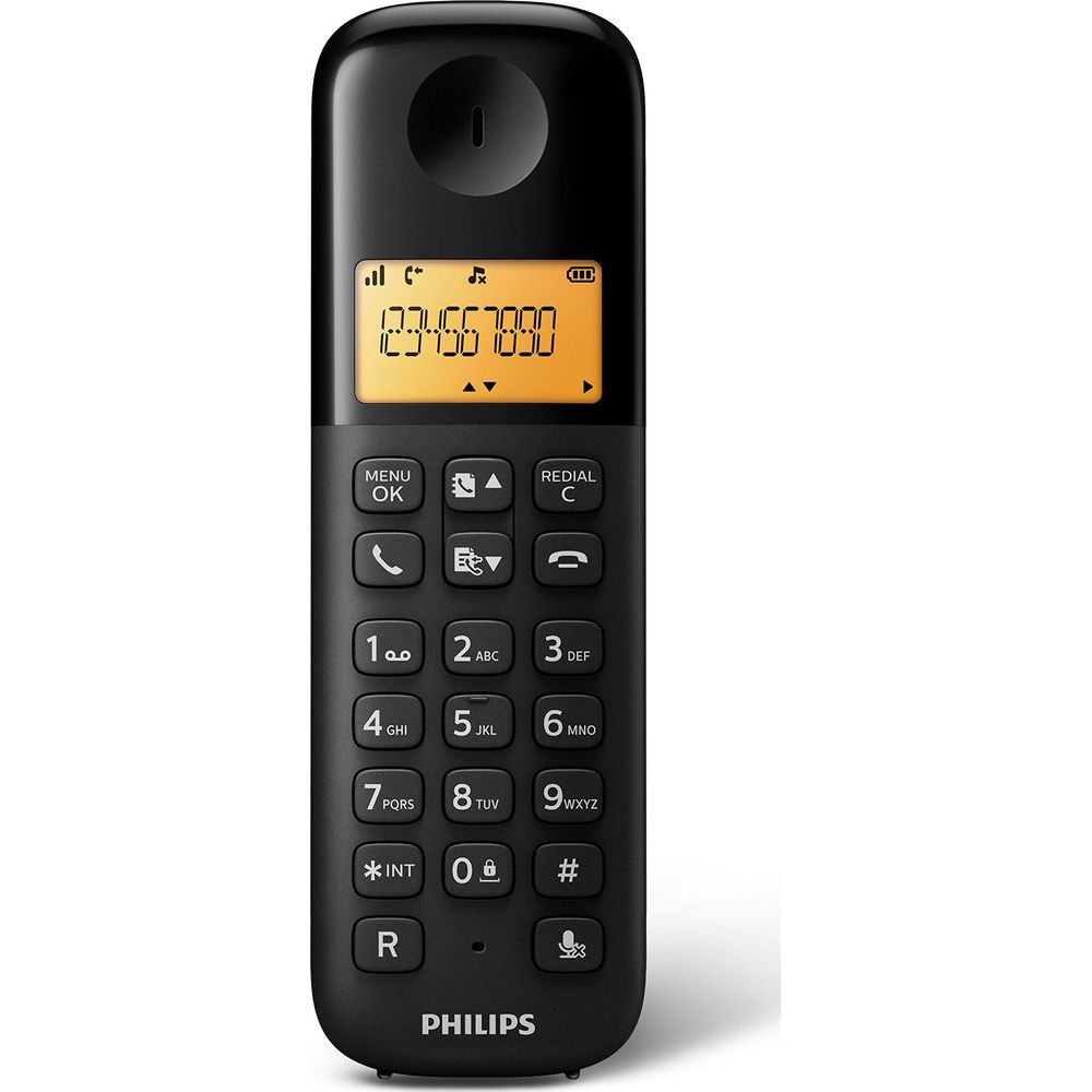 Téléphone sans fil Philips noir avec écran orange affichant des chiffres. Boutons 0-9.