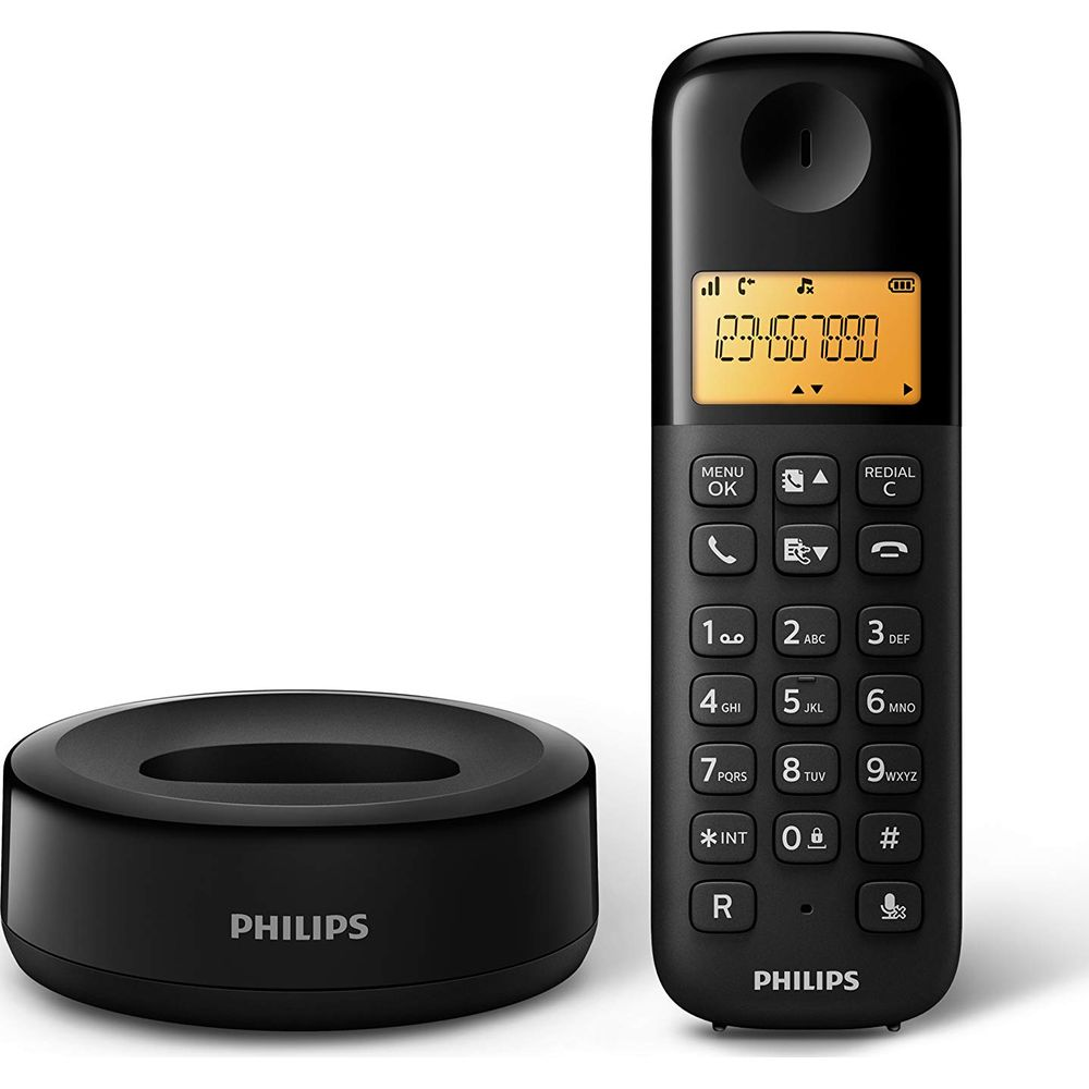 Téléphone sans fil noir avec station de charge et écran éclairé.