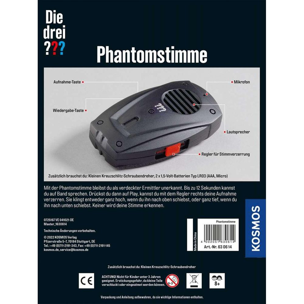 Un appareil jouet noir avec microphone, haut-parleur et curseur de distorsion vocale.