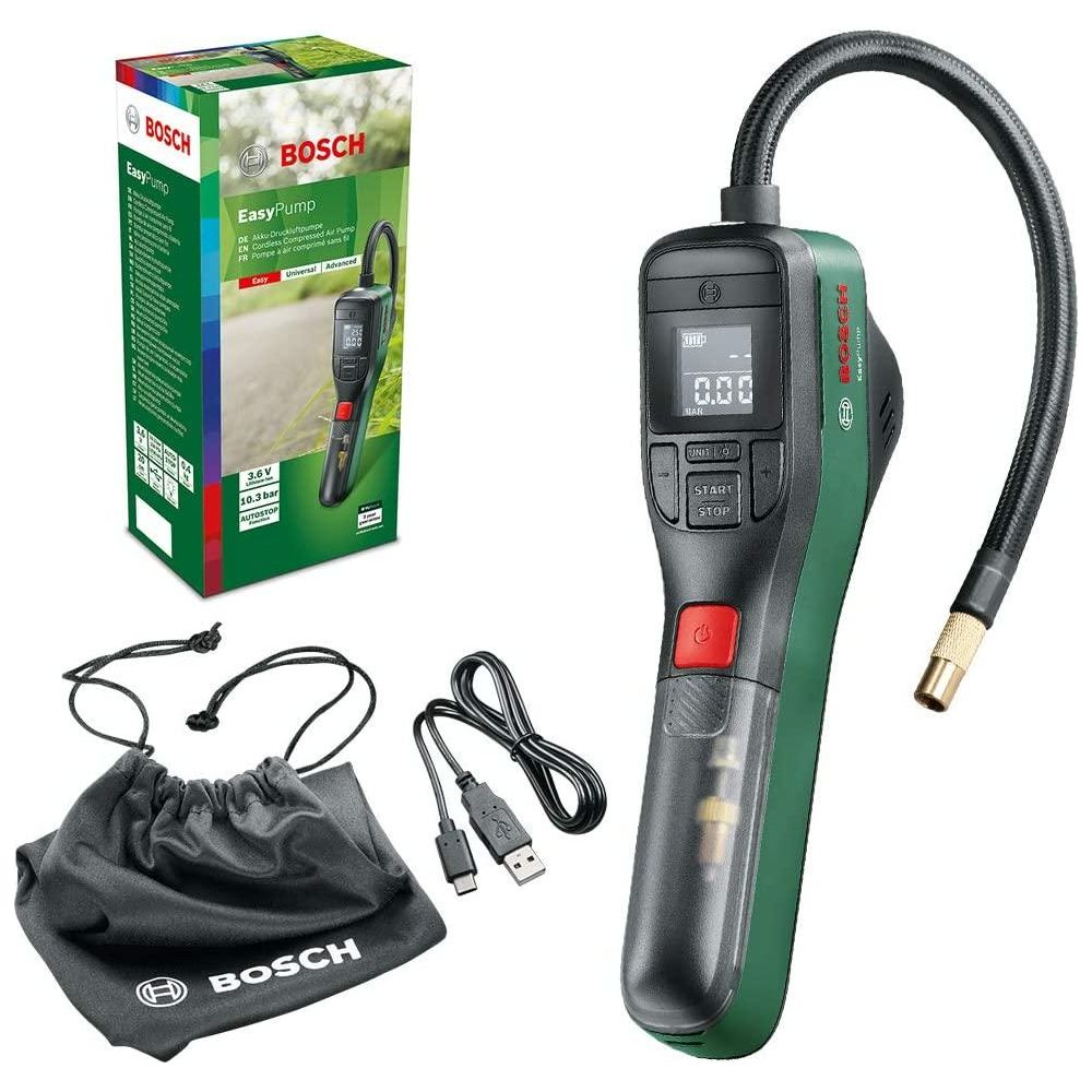 Bosch Akku-Druckluftpumpe mit Zubehör: Pumpe, Kabel, Beutel und Verpackung.