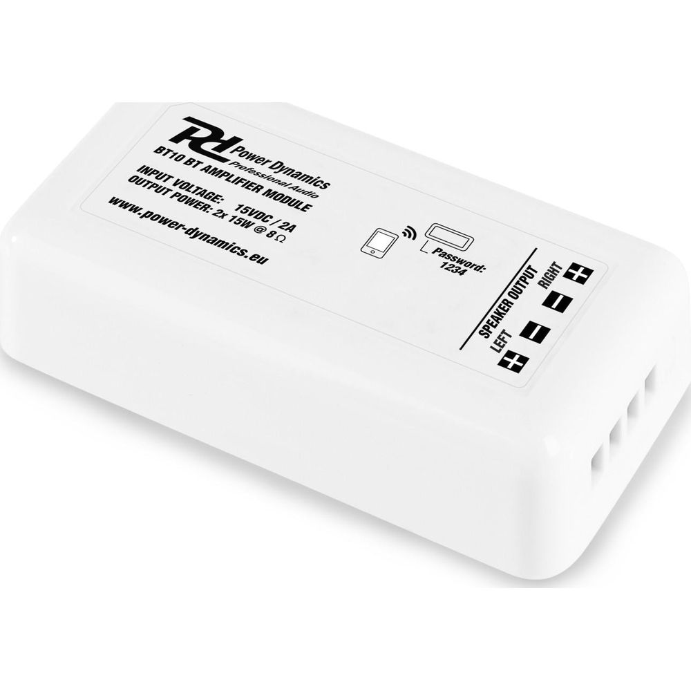 Un módulo amplificador Power Dynamics BT10 blanco con etiquetas.