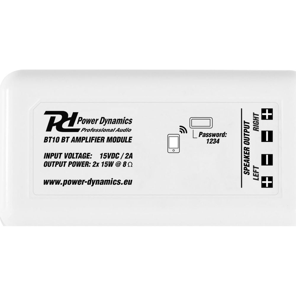 Caja blanca con texto negro, módulo amplificador BT10, especificaciones V/W.