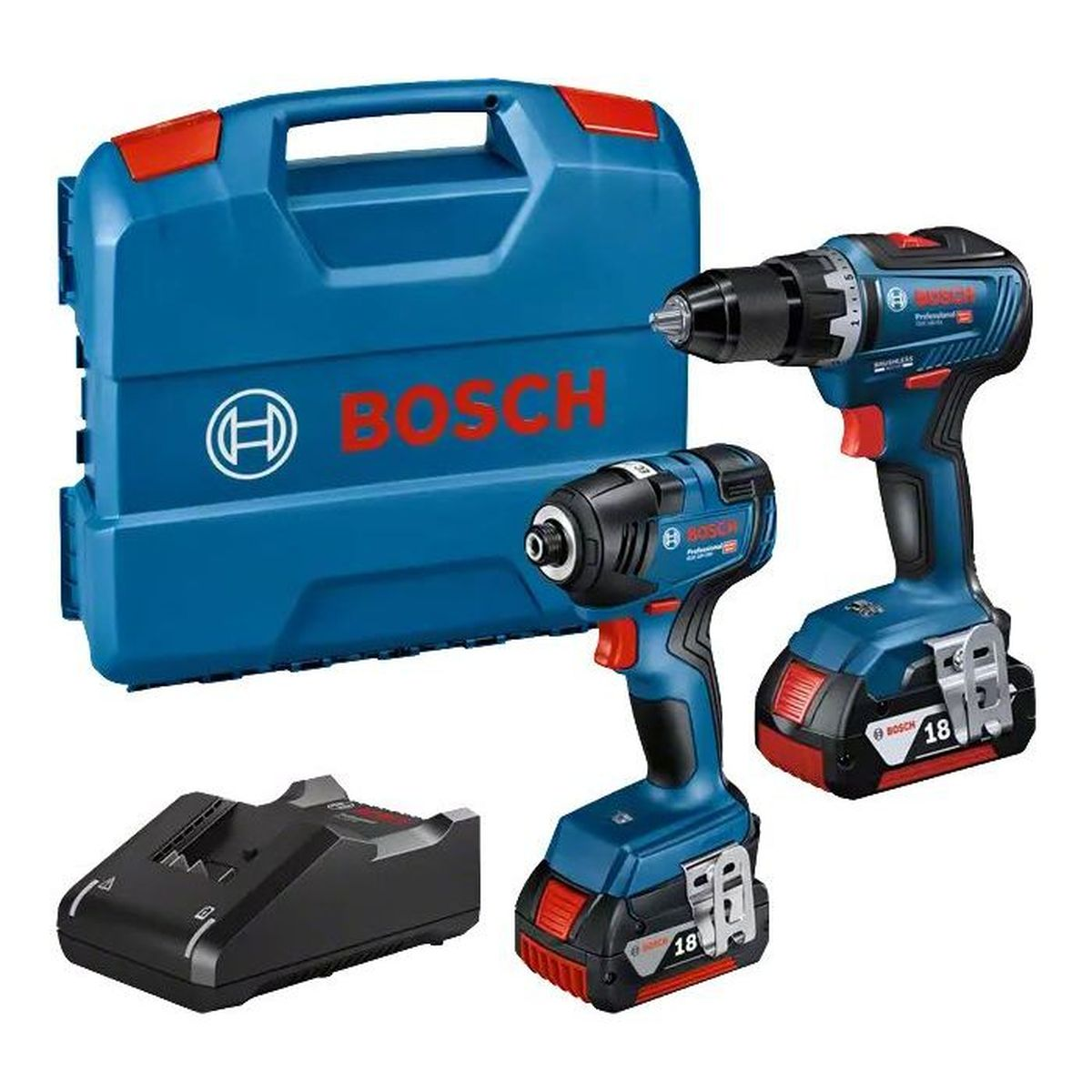 Bosch blau-rote Elektrowerkzeuge: Bohrer, Schlagtreiber, Ladegerät, Koffer.