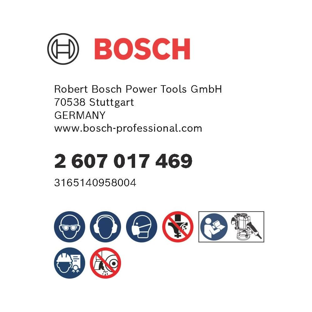 Bosch Logo, Adresse, Telefonnummer, Warnsymbole und ein Bild eines Gerätes.