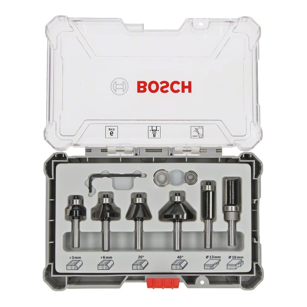 Bosch Oberfräser-Bit-Set in einer durchsichtigen Plastikbox mit mehreren Bits und einem Inbusschlüssel.