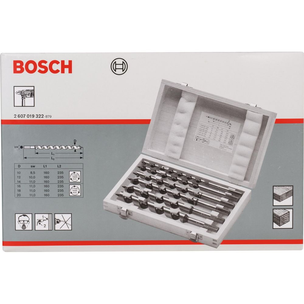 Set di punte Bosch in cassetta di legno con dettagli e icone di sicurezza.