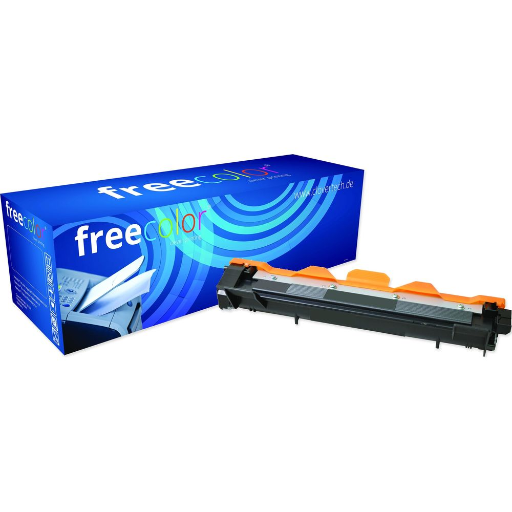 Una scatola blu Freecolor e un toner nero/arancione.