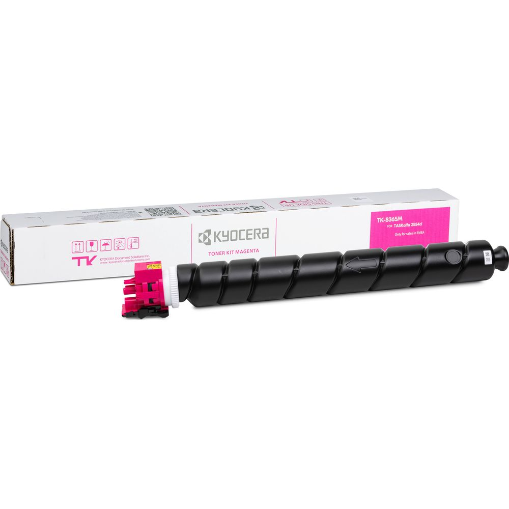 Czarny toner Kyocera z magenta głowicą obok białego pudełka.