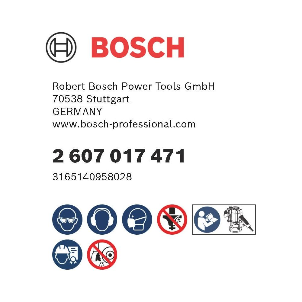 Logo Bosch, coordonnées, numéro de pièce 2607017471 et icônes.