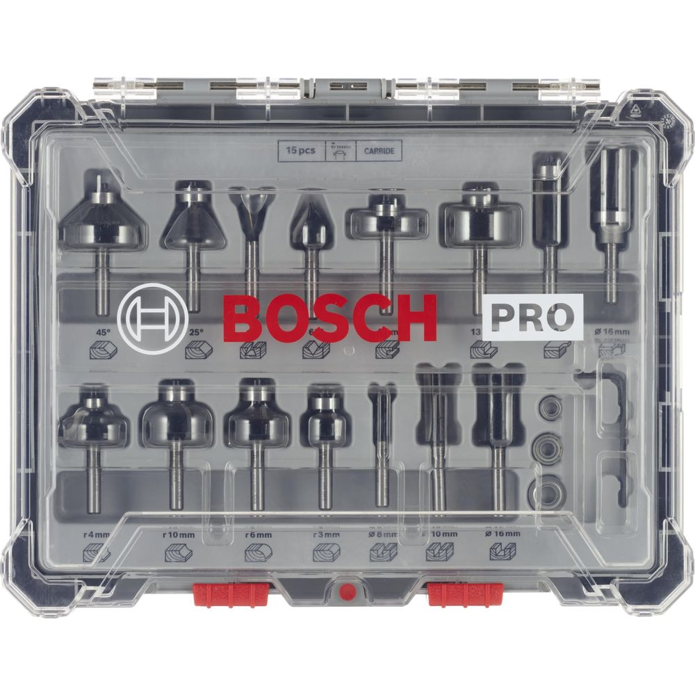 Coffret de 15 mèches de défonceuse Bosch Pro en carbure, transparent.