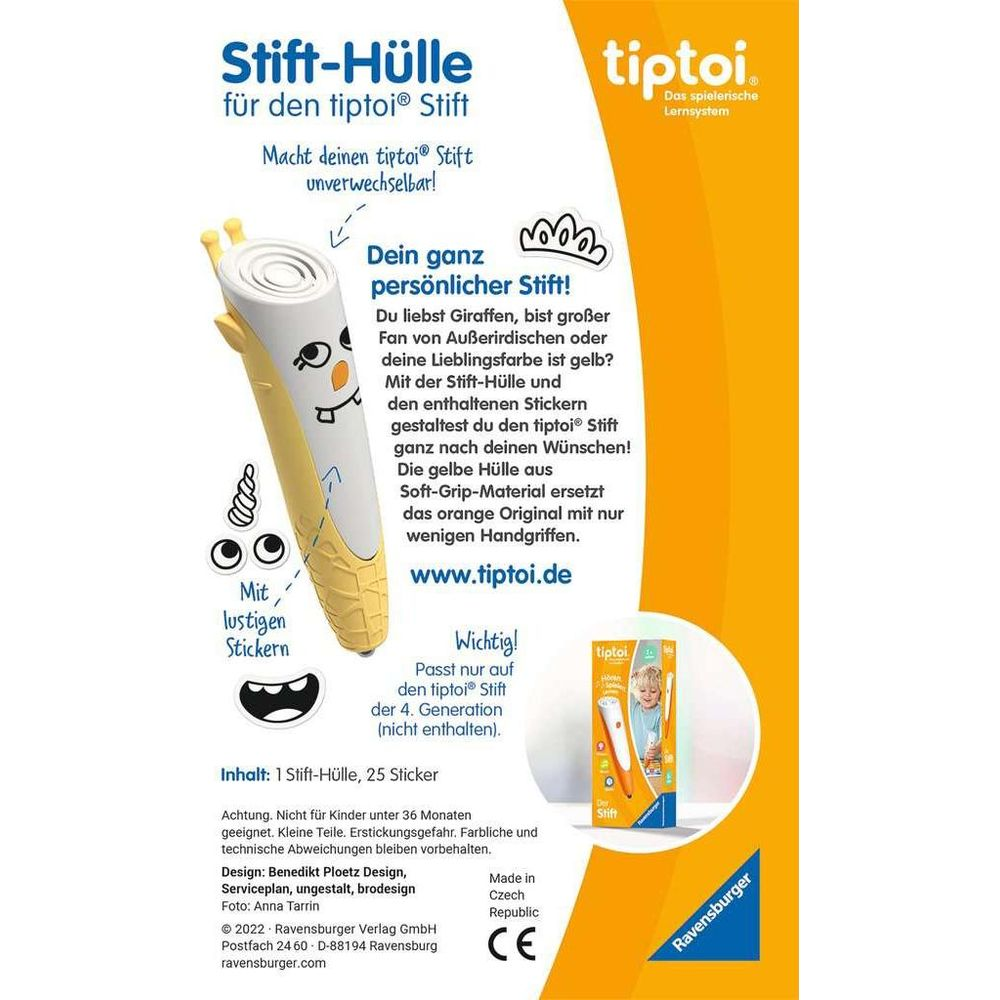 Gelbe tiptoi Stift Hülle mit Stickern und Produktinformationen.