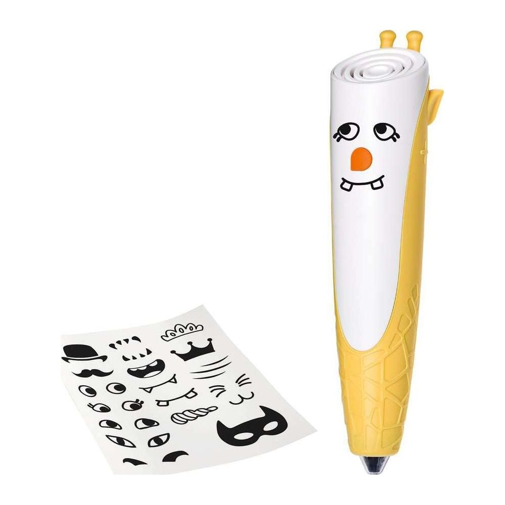Ein gelber und weißer Stift mit aufgedruckten Augen, Nase und Mund. Daneben ein Bogen mit Aufklebern.