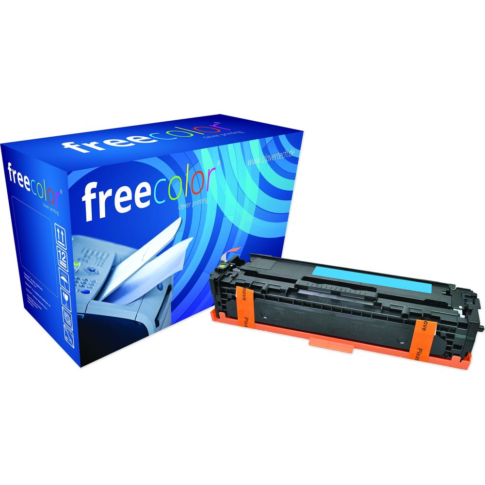 Una cartuccia toner Freecolor blu con accenti arancioni accanto alla sua scatola.