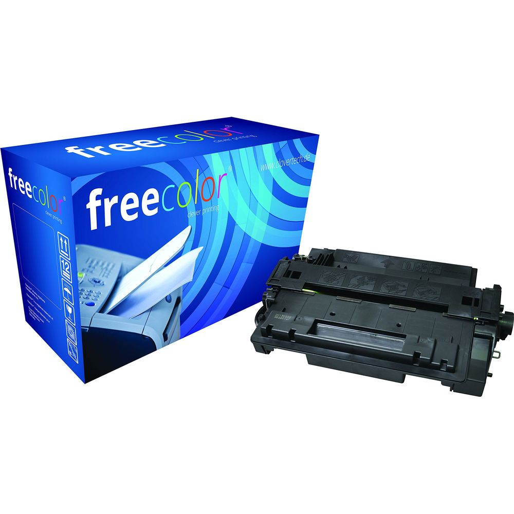 Un cartucho de tóner negro accesorio de impresora junto a una caja azul.