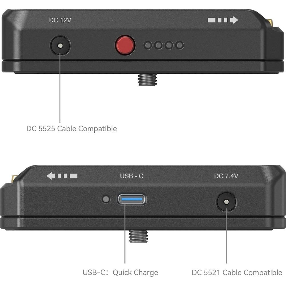 Due lati di un dispositivo nero che mostrano le porte: DC 12V, USB-C e DC 7.4V.