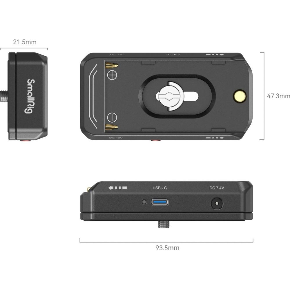 Accessorio SmallRig nero per fotocamera con dimensioni. Porte USB-C e DC.