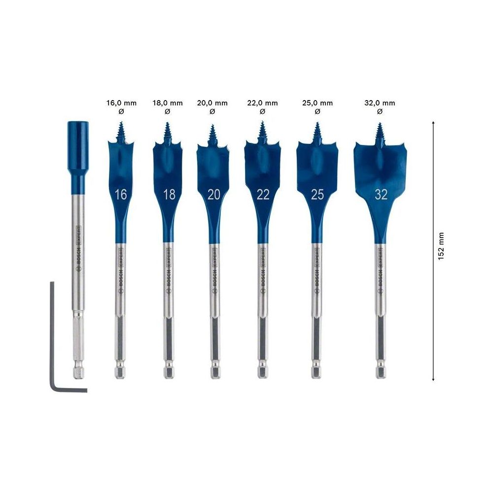 Sześć niebieskich wierteł Bosch o rozmiarach od 16 do 32 mm.