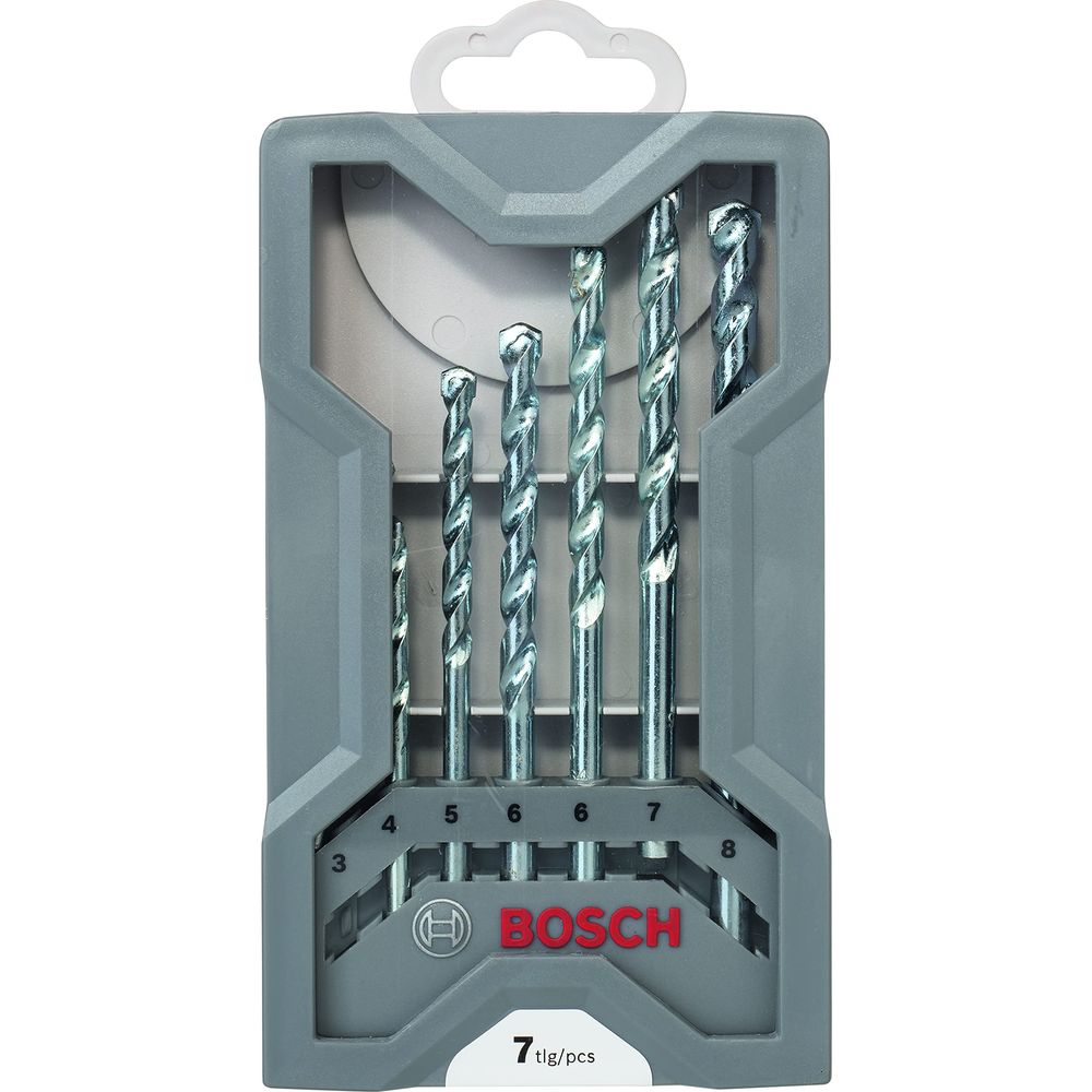 7-teiliges Bosch Metallbohrer-Set im grauen Kasten mit Größenangaben.