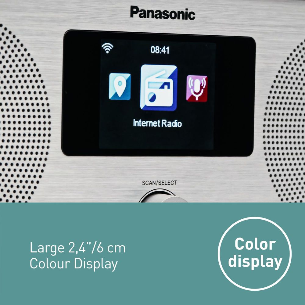 Radio Internet Panasonic avec écran couleur et haut-parleurs.