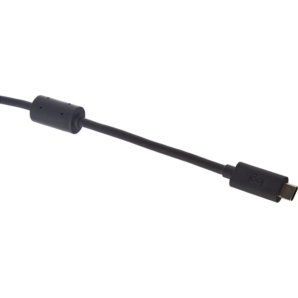 Czarny kabel USB-C z rdzeniem ferrytowym i logo Logitech.