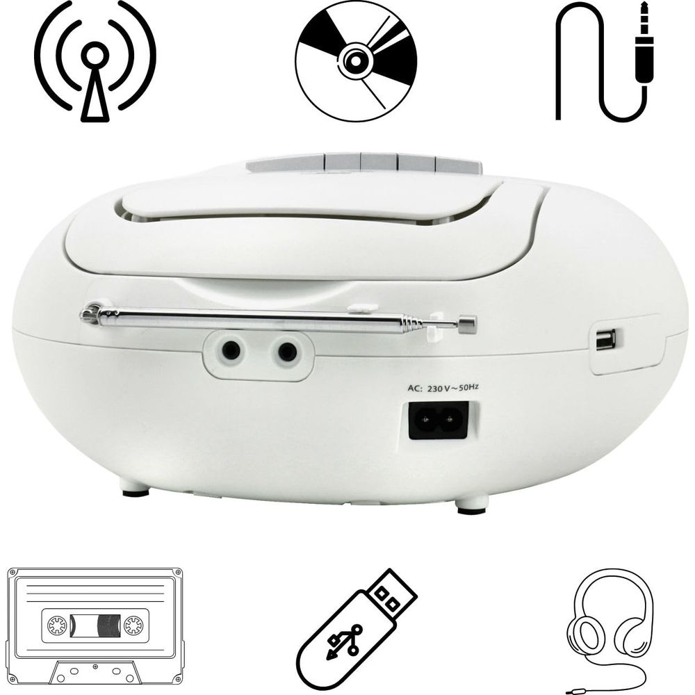 Ein weißer Boombox mit Symbolen für CD, Kassetten, USB, Kopfhörer, WLAN und Antenne.