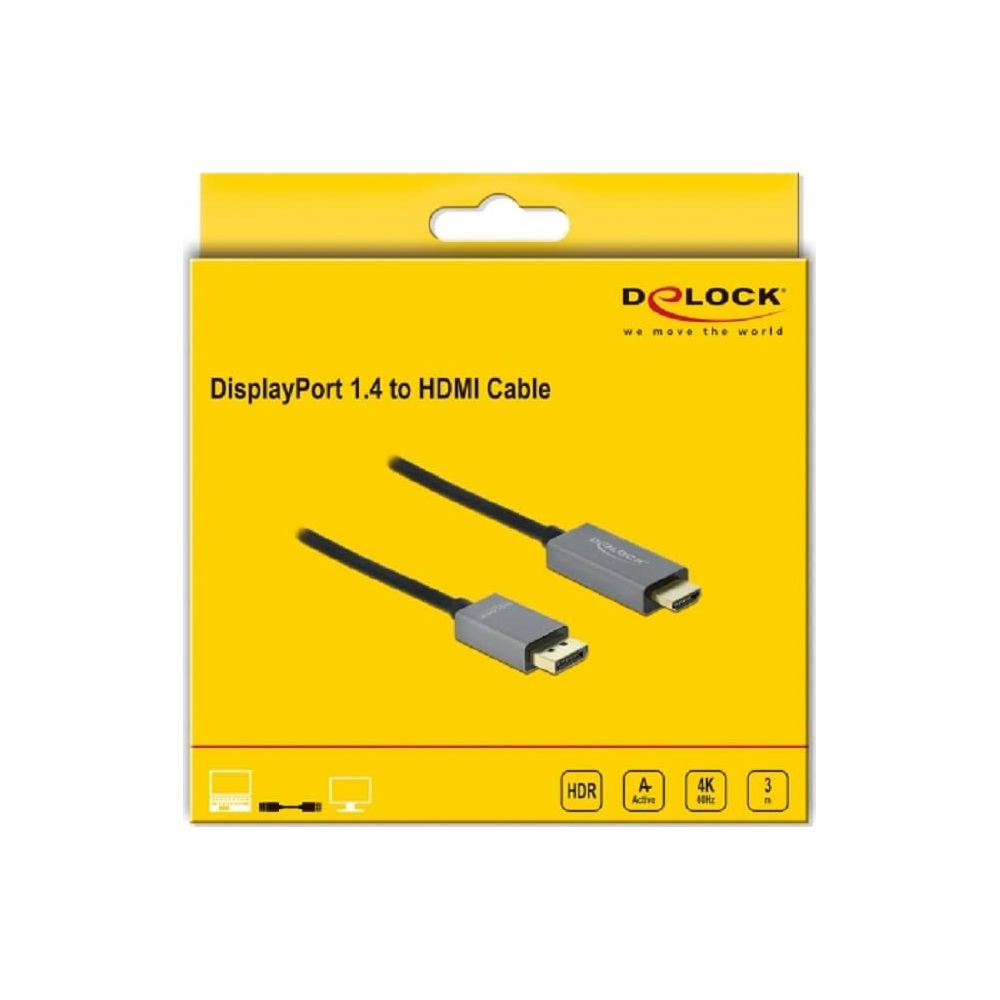 Ein DisplayPort 1.4 zu HDMI Kabel auf gelbem Karton.