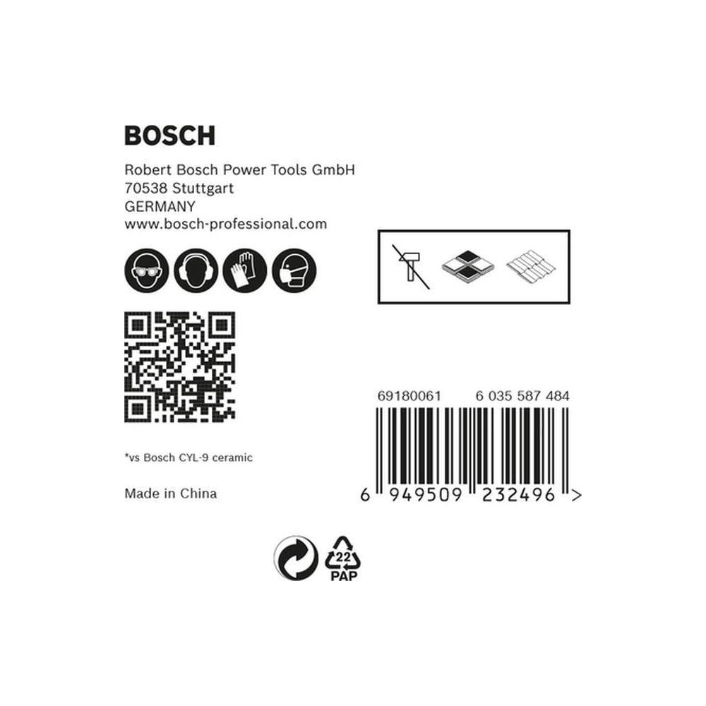 Bosch-Logo, Adresse, QR-Code, Barcode und Symbole für Schutzmaßnahmen.