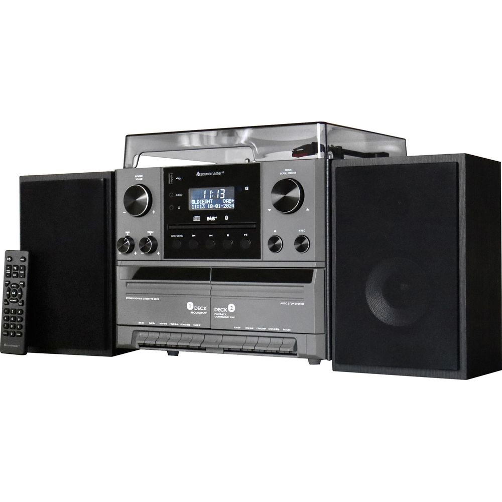 Graues Soundsystem mit Plattenspieler, CD-Player, Kassettendeck, Lautsprechern und Fernbedienung.