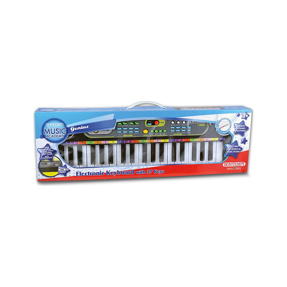 Ein elektronisches Keyboard mit 37 Tasten, blau und grün, mit vielen Knöpfen.