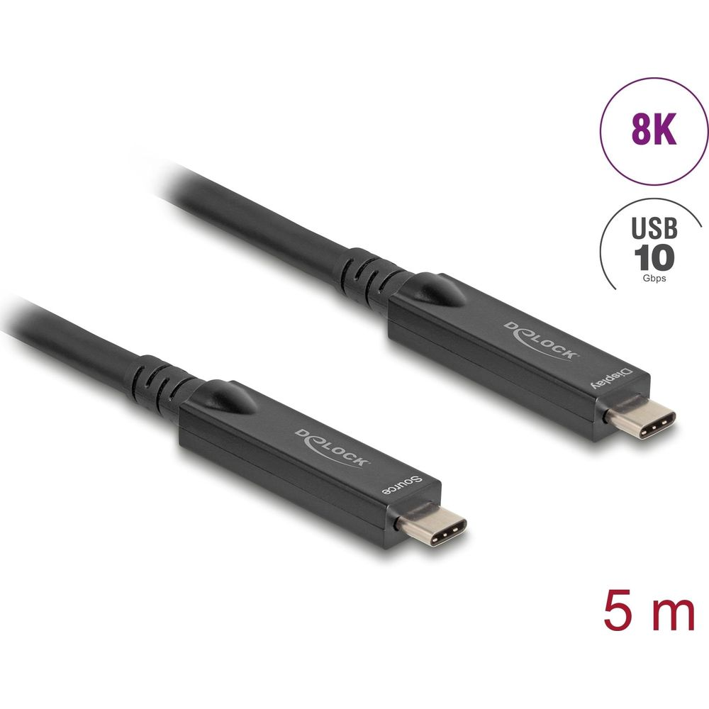 Schwarzes Delock USB-C Kabel mit 8K & USB 10 Gbps Logos. 5m lang.