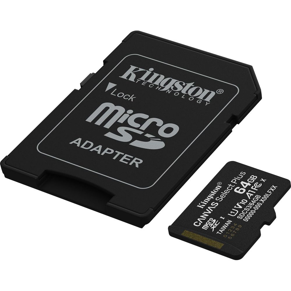Ein schwarzer Micro-SD-Adapter mit Kingston-Logo und eine 64-GB-Micro-SD-Karte daneben.