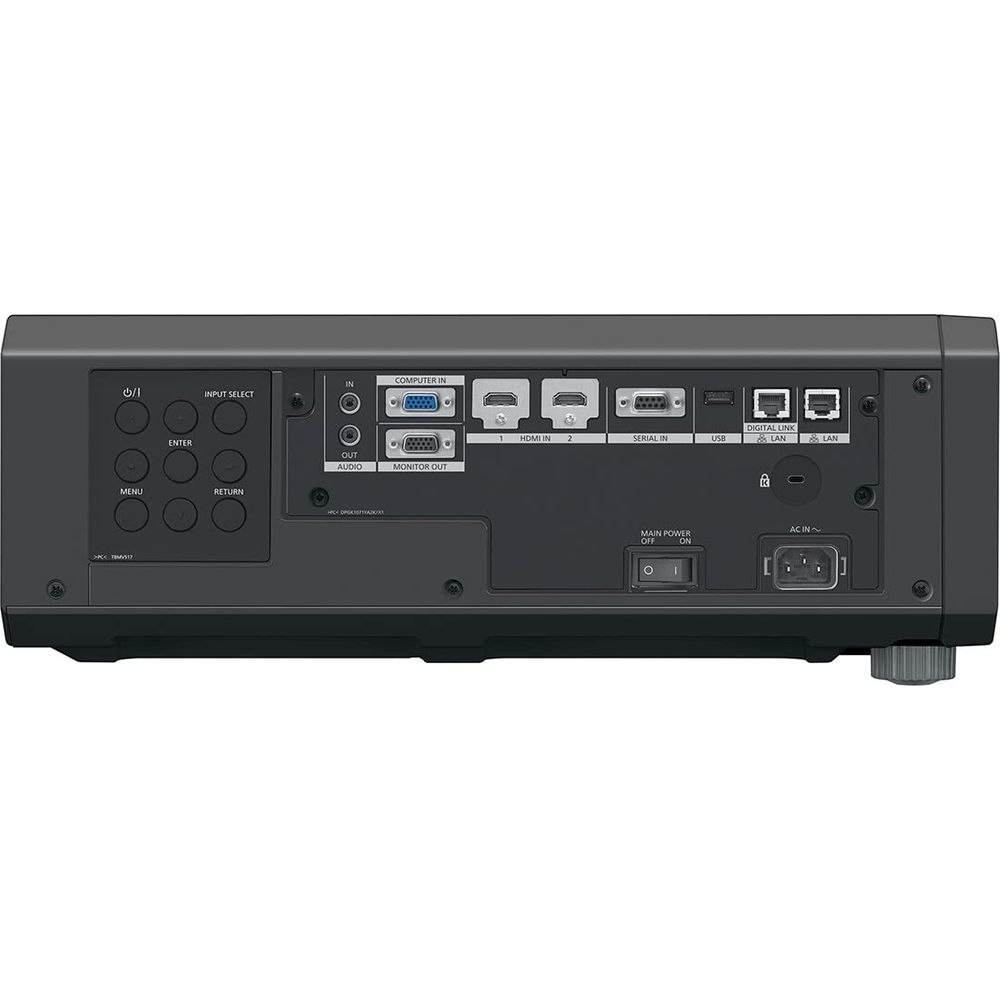 Rückseite eines Projektors mit verschiedenen Anschlüssen: Computer, HDMI, USB, LAN, Netzschalter.