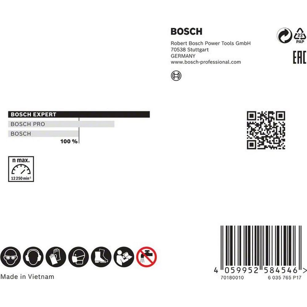 Bosch-Logo, Produktinformationen, QR-Code, Barcode und Symbole für Sicherheit.