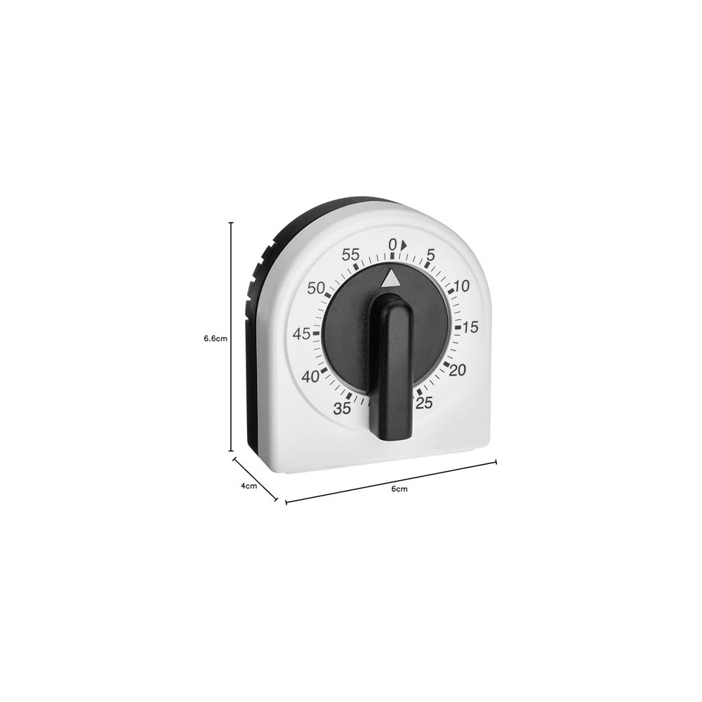 Ein weißer mechanischer Küchentimer mit schwarzem Griff und Zeitanzeige bis 60 Minuten.