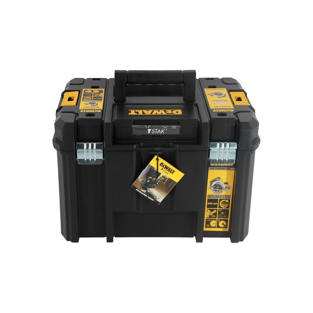 Czarna skrzynka narzędziowa z żółtymi akcentami i uchwytem. Widoczne logo DeWalt.