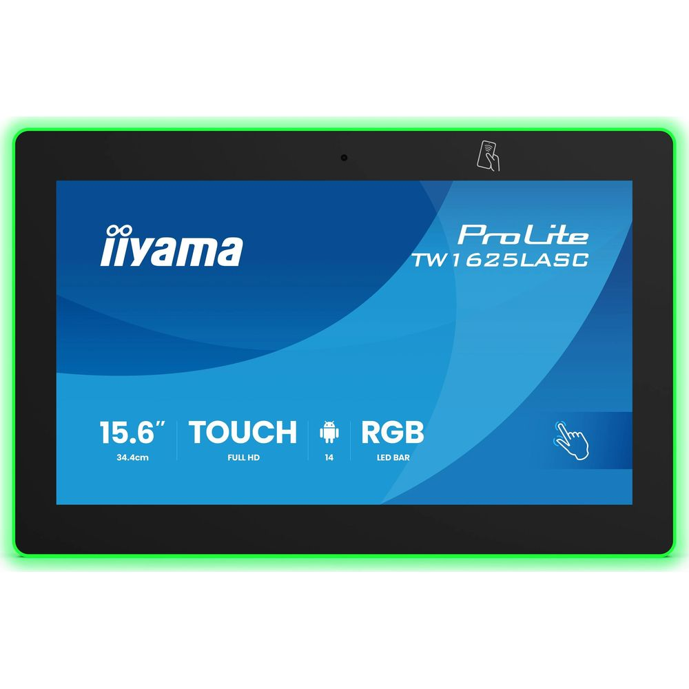 Czarny ekran dotykowy z zieloną poświatą. Pokazuje markę iiyama i model ProLite TW1625LAS.
