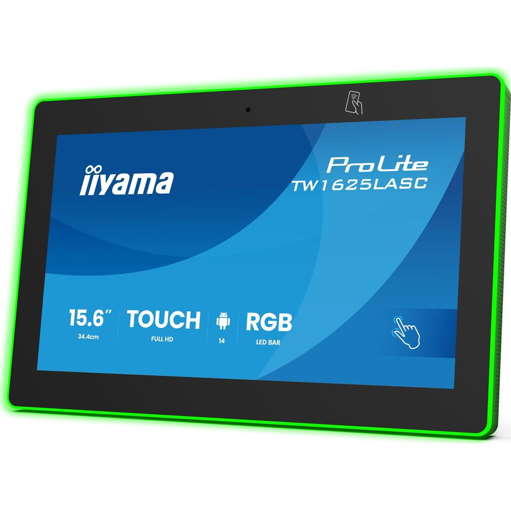 Czarny ekran dotykowy Iiyama ProLite TW1625LASC z zieloną poświatą.