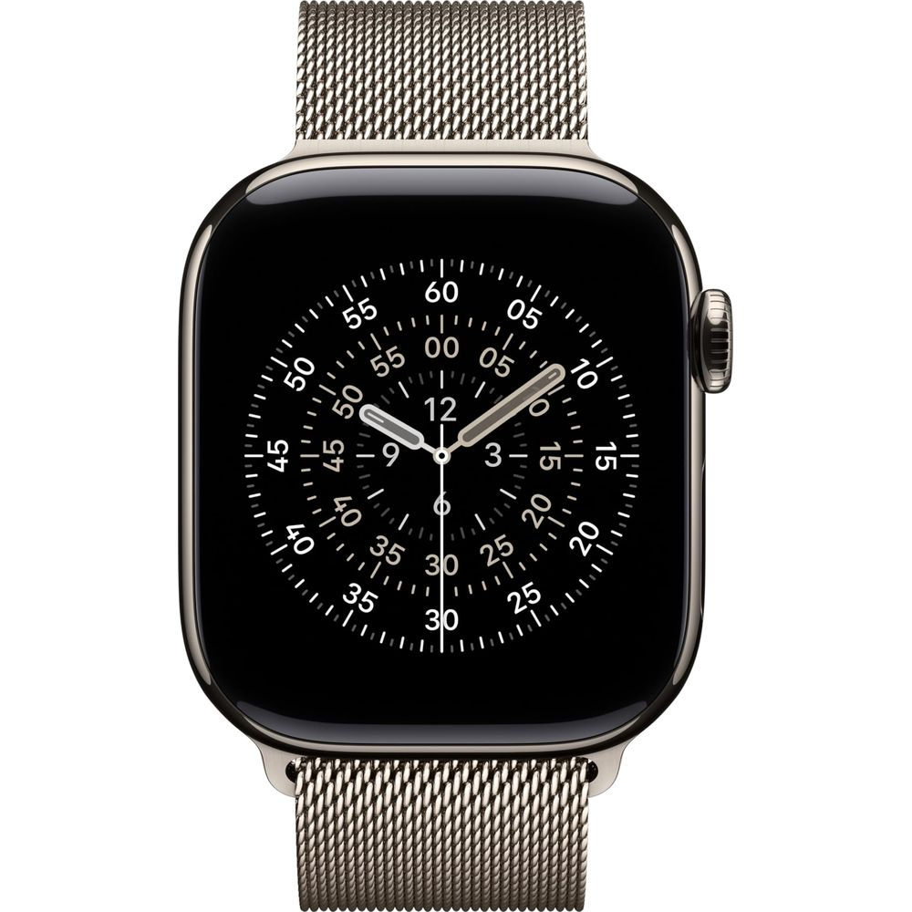 Primer plano de un smartwatch plateado con esfera negra y marcadores de minutos blancos.