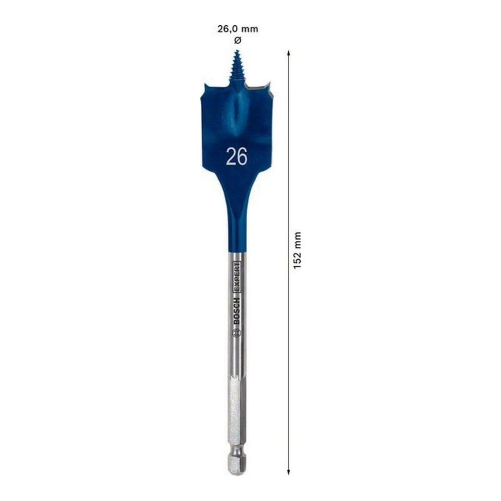 Mavi Bosch 26mm yassı matkap ucu, 152mm uzunluğunda.