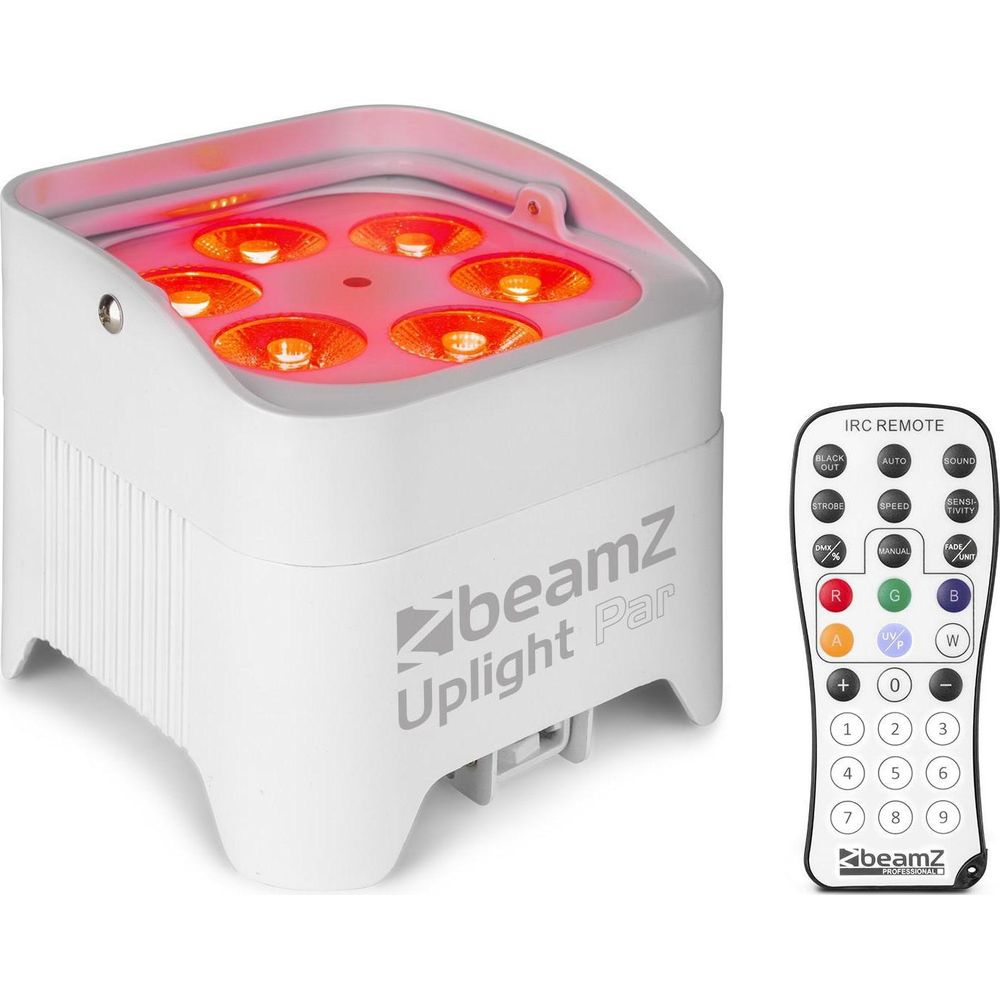 Una luz Uplight Par blanca con LEDs rojos y un mando a distancia.