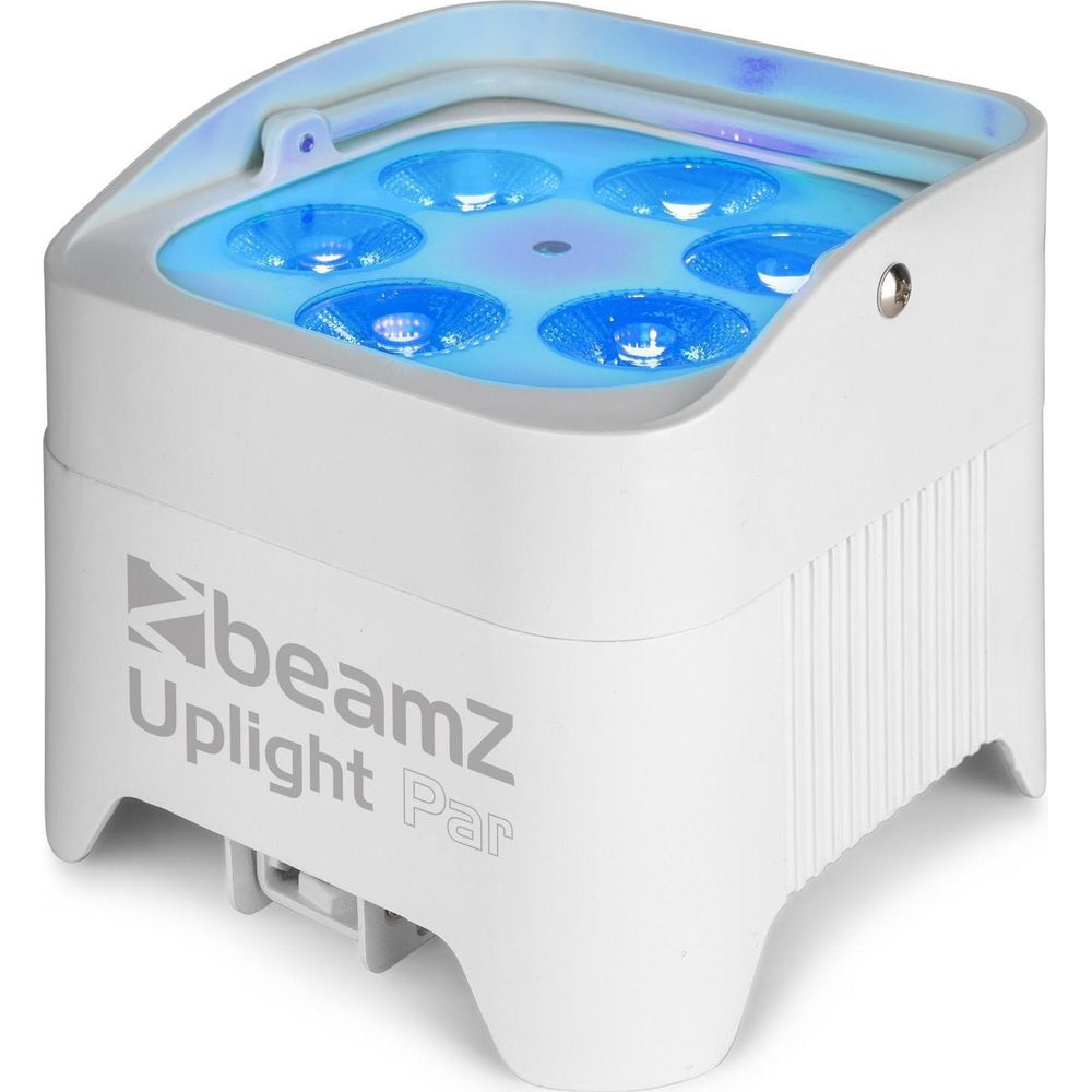 Una luz blanca Beamz Uplight Par con LEDs azules arriba.