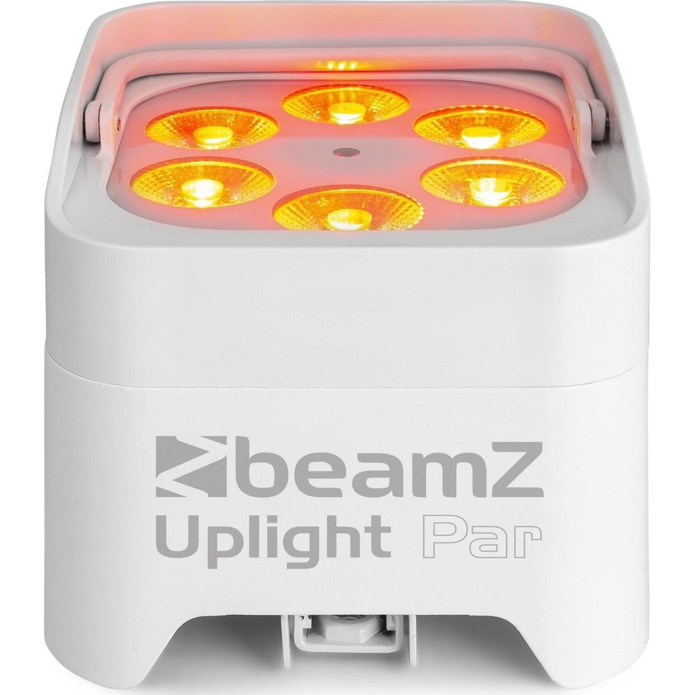 Luz blanca Uplight Par con seis luces naranjas. Logo BeamZ.