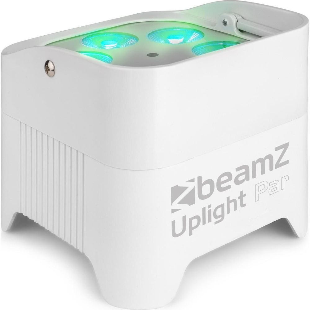 Una luz blanca BeamZ Uplight Par con LEDs verdes iluminados desde arriba.