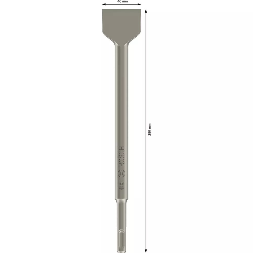 Bosch logolu, boyutları belirtilmiş uzun, yassı keski.